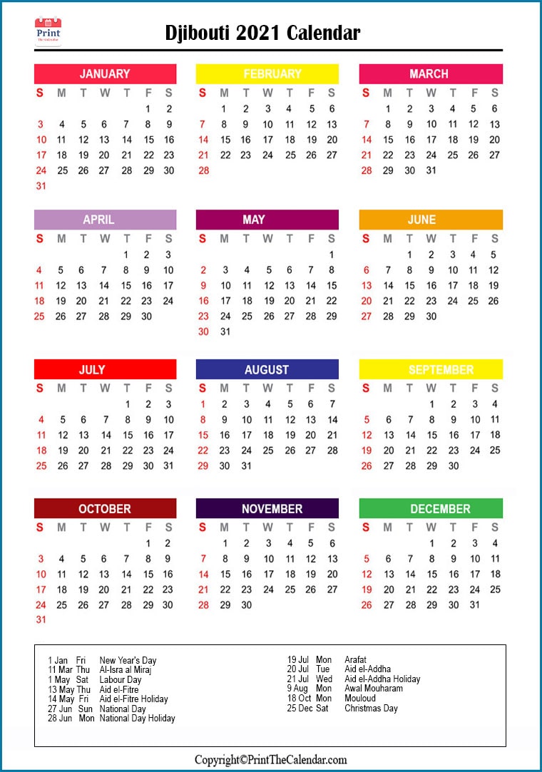 Djibouti Printable Calendar 2021